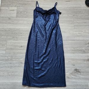 Bebe Navy Blue Disco Dot Dress Womens Large Cowl Maxi Prom Wedding Formal